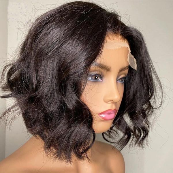 

lace wigs short wavy peruvian 5*5 silk pu base front human hair with baby 250 density body wave middle part for women, Black;brown