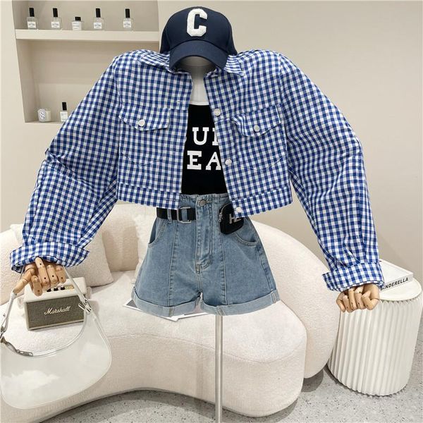 

women's blouses & shirts clothing summer 2021 fashion design thin jacket short long sleeve plaid shirt, White