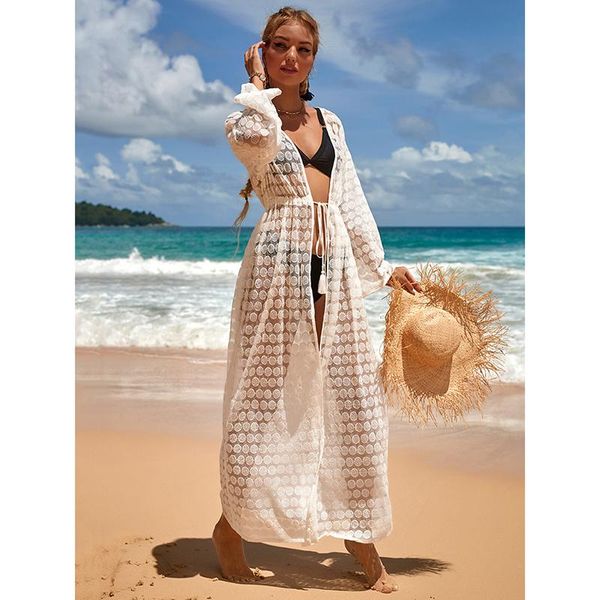 Damen Bademode 2021 Weiße Spitze Strand Cover Up Kaftan Langes Pareo Kleid Badeanzug Häkeln vorne offen Robe Plage Sarong Tunika für