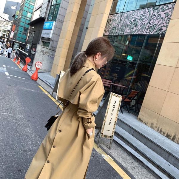 

khaki windbreaker women spring autumn lapel mid-length temperament british style lace waist-tied casual overknee coat women's trench co, Tan;black