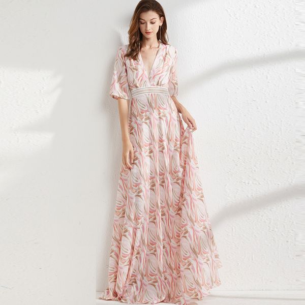 

women's runway dresses v neck short sleeves printed elegant summer long floor length dress party prom, Black