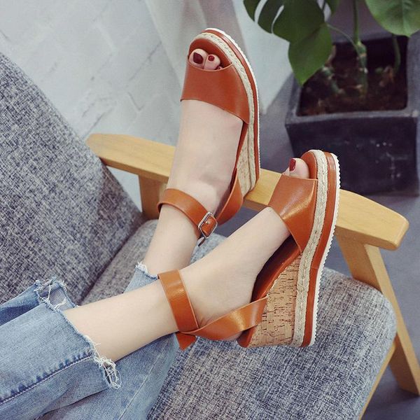 

summer fish mouth slope heel open toe buckle fashion sandals flat bottom student thick non-slip female shoes, Black
