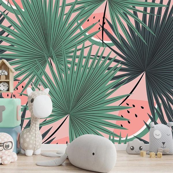 Обои Современный минималистский ручной роспись детская комната обои пользовательские PO фрески зеленые растения арбуз спальня мультфильм живопись 3D