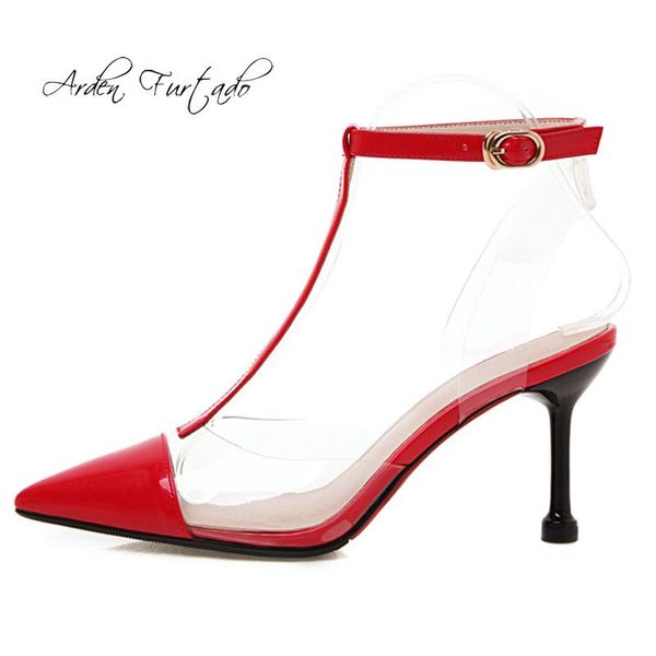 

arden furtado summer fashion women's shoes pointed toe stilettos heels mature elegant clear pvc sandals party 33 40, Black