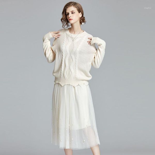 

two piece dress women knit suit autumn winter o-neck pullovers + mesh pleated skirt warm knitted sweater, White