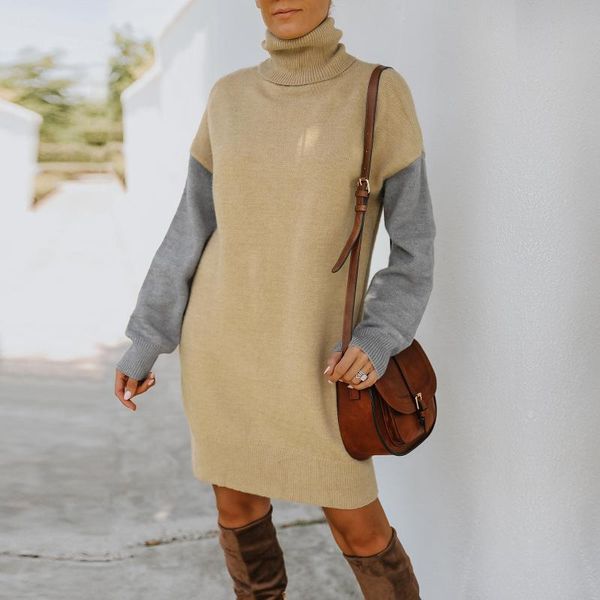 

women's sweaters 2021autumn and winter long sweater women loose casual high neck fashion sleeve stitching, White;black