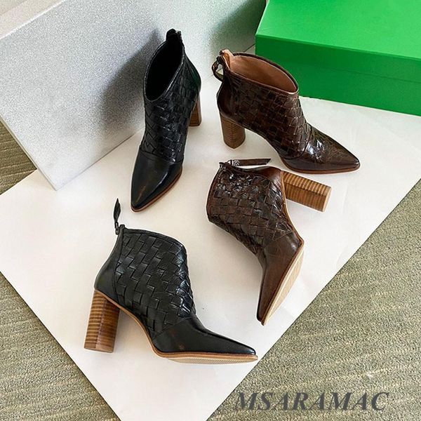 

boots pointed toe female fashion short braid leather ankle 2021 back zipper winter women's shoes, Black