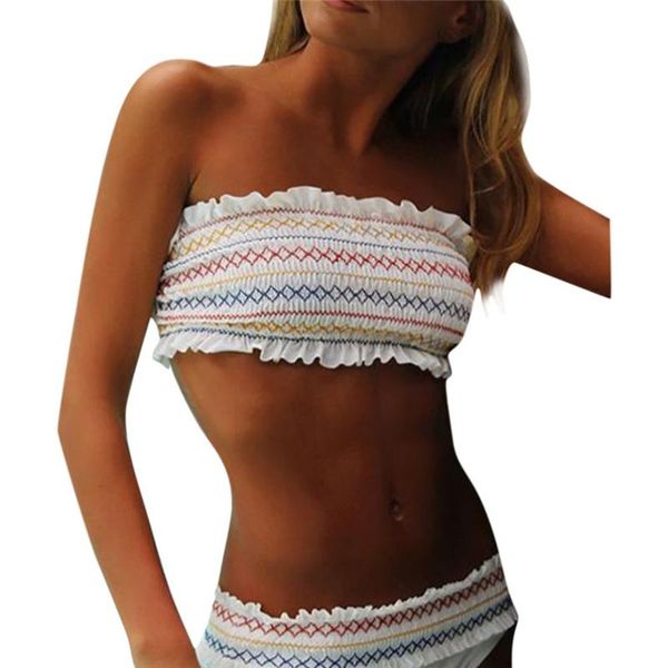 

bras sets women's rainbow pleated bathing suit off shoulder backless striped printed headband ruched swimwear set 40fb15, Red;black