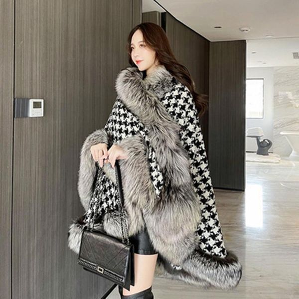 

women's fur & faux check coat autumn and winter 2021 imitation oversize ladies furry party dinner shawl scarf cloak overcoat xf678, Black
