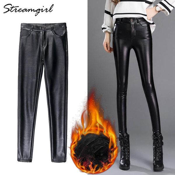 

women's pants & capris winter velvet thick leather women plus size warm female pu trousers pencil stretch with high waist, Black;white