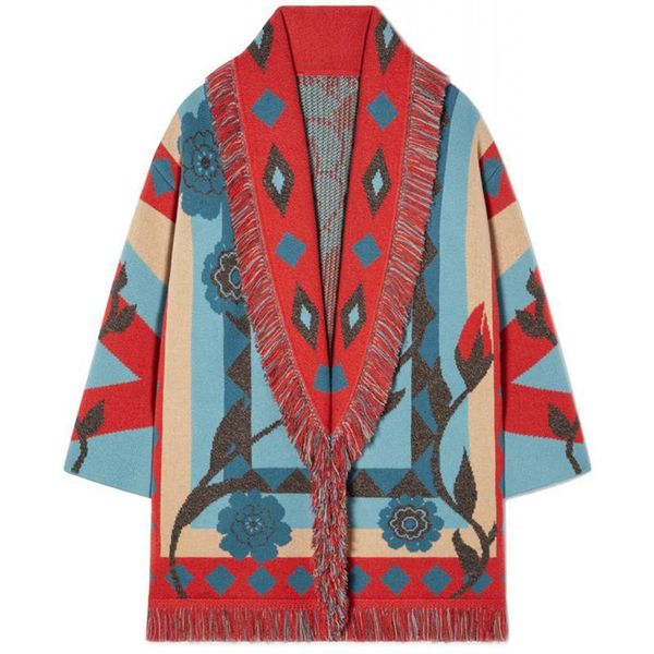 

women's wool & blends fashion designer 2021 autumn winter coat women red pink printed tassel belt cashmere overcoat, Black