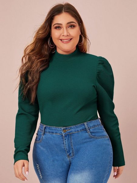 

plus solid mock-neck gigot sleeve h2sw#, Black