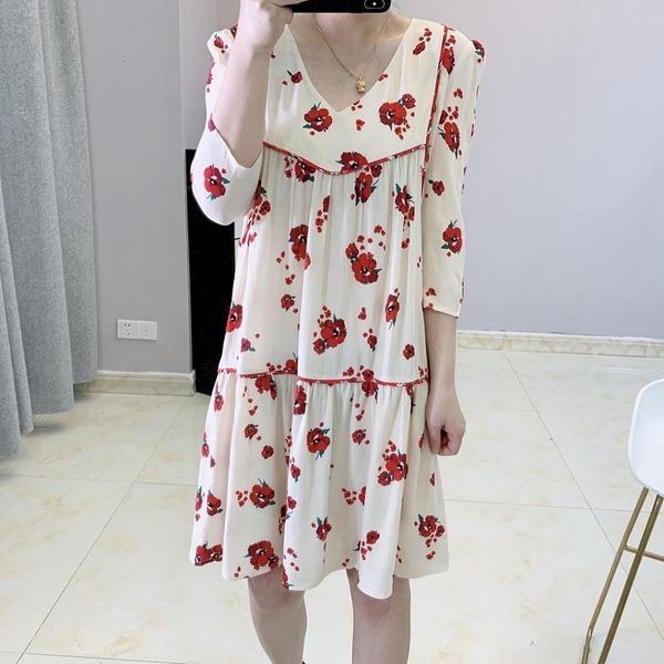 

dress women 2021 summer v-neck small red floral print half sleeve cv9u, Black;gray