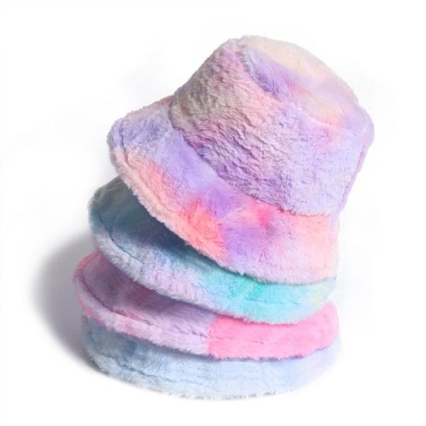 

wide brim hats women winter rainbow tie dye bucket hat fluffy plush thick warm fisherman cap f3md, Blue;gray