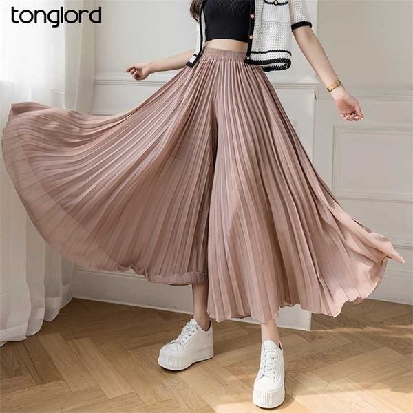 

korea loose pleated chiffon pants summer elastic high waist thin wide leg female casual cropped trousers pantalon 211115, Black;white