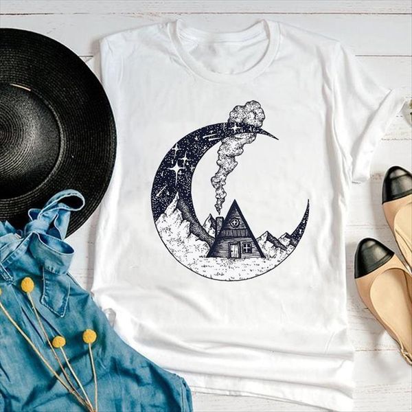 

graphic cartoon moon night womens t shirts watercolor 90s fashion short sleeve summer print female clothes tees shirt, White