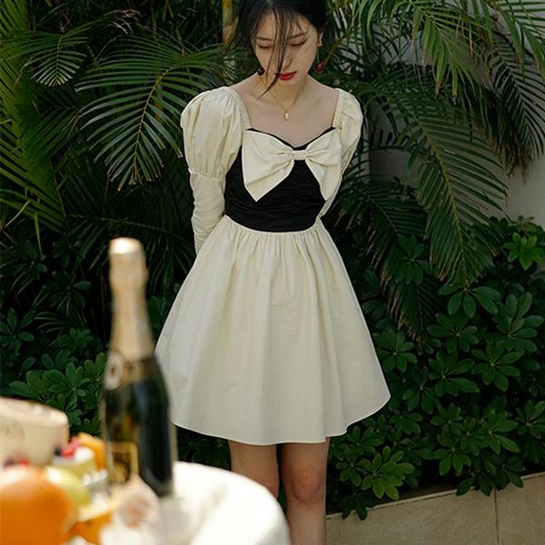 

casual dresses korean y2k mini dress women french vintage bow design evening party 2021 fall elegant patchwork long sleeve bodycon, Black;gray