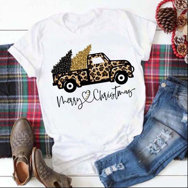 

women leopard womens t shirt truck tree merry christmas shirts kwaii graphic short sleeves female suitable all seasons, White