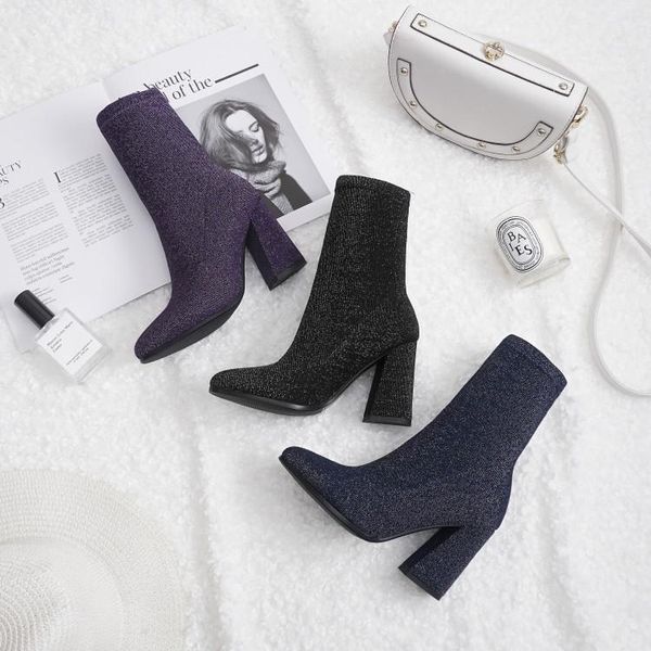 

boots big size 9 10 11 12 women shoes ankle for ladies woman winter sequined stretch sleeve, Black