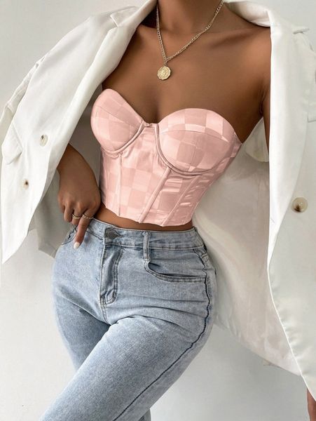 

checker print grommet lace up back crop tube d4na#, White