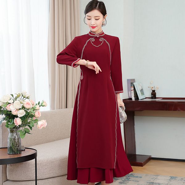 

chinese style party dress for women aodai vietnam cheongsam gown long sleeve qi pao traditional embroidered elegant clothing vintage asian c, White;black