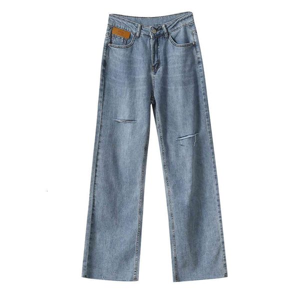 

jean Autumn Ripped Design Mujer Women Style Wide Leg Denim Jeans Pants, Blue