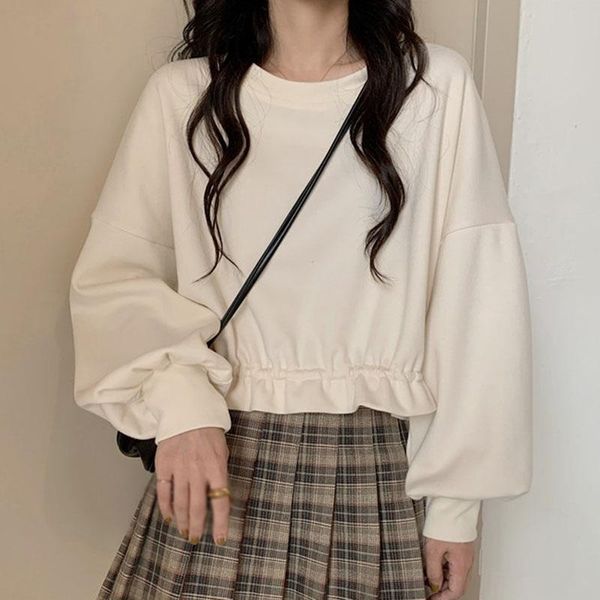 

women's t-shirt autumn style fresh drawstring short loose round neck sweater 2021 women clothes, White