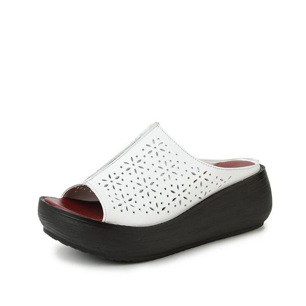 

genuine leather sandals women's fashion 2021 hollow wedges heel shoes open toe, Black