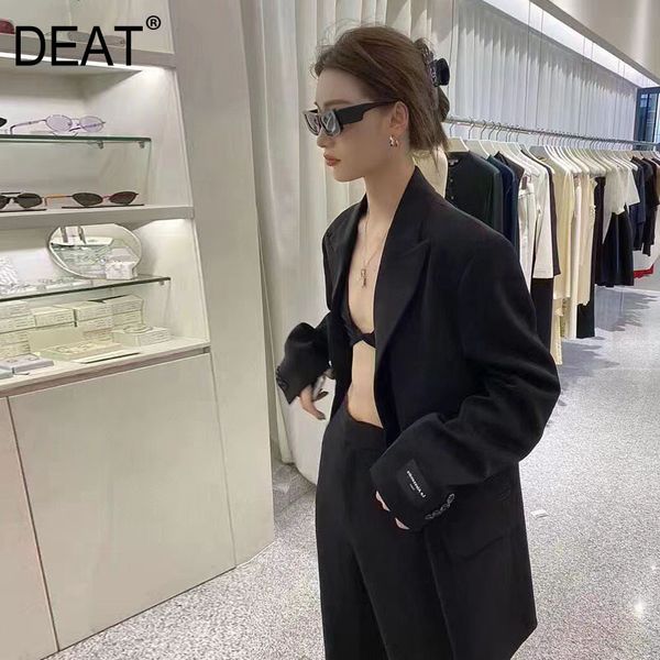

[deat] v-neck solid black long sleeve single breasted suit plus size loose coat high street korean fashion spring gx751 210428, White;black