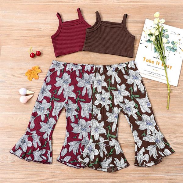 

clothing sets kids baby girls 6m-5t 2-piece outfit set sleeveless solid color +floral print flared pants, White