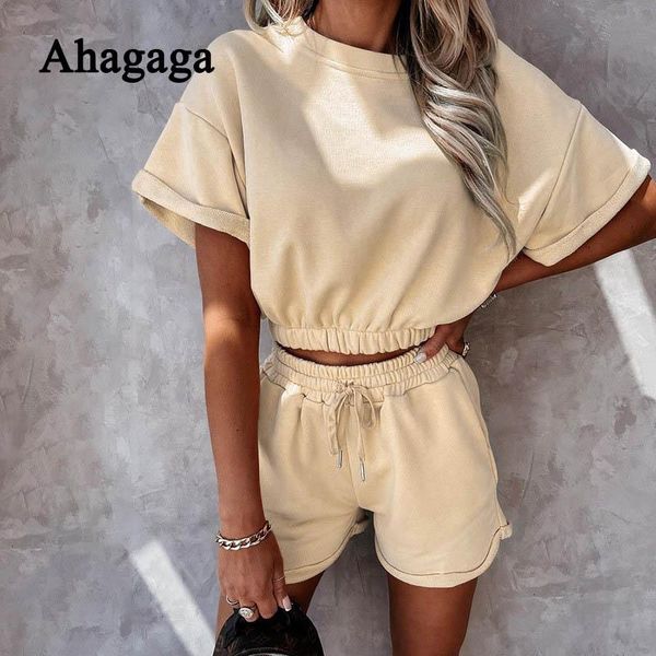 

women's tracksuits ahagaga 2021 summer matching set women fashion solid short sleeve o-neck 2 pieces suit t-shirt + shorts bandage fema, Gray