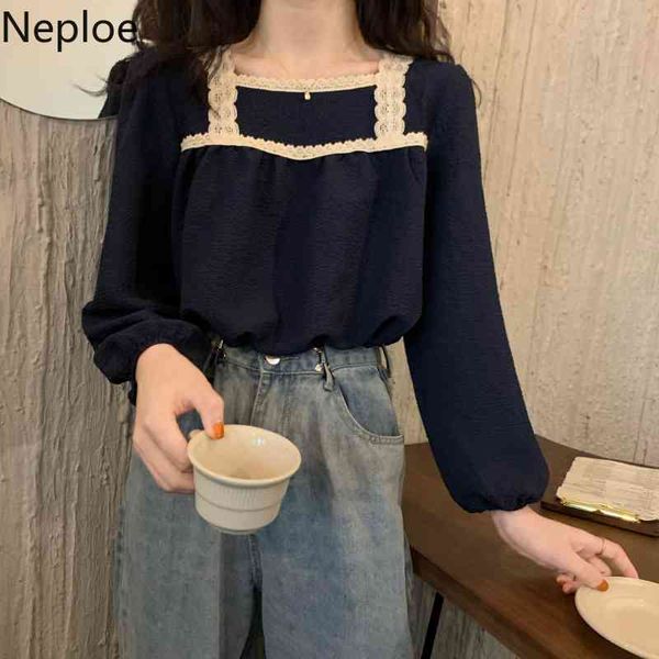 

neploe chic blouses women lace patchwork square collar shirt loose puff sleeve blouse vintage blusas mujer de moda 210422, White