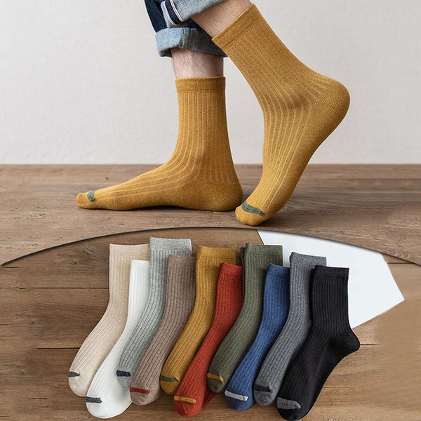 

men's socks business men solid color spring autumn striped middle-tube soft breathable long cotton blended, Black