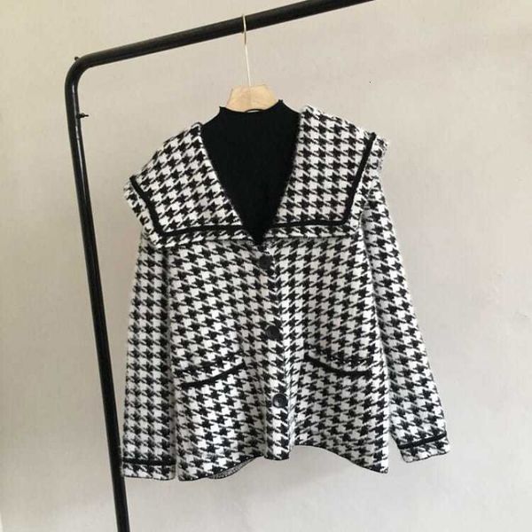 

women's fur & faux turn-down collar houndstooth wool button elegant cardigan soft knit red jacket outwear warm 0wk2, Black