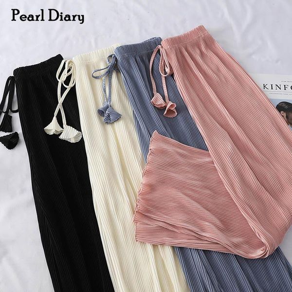 

women's pants & capris pearl diary pleated soft trousers stretch elastic high waist drawstring wide leg long korean style lettuce hem c, Black;white