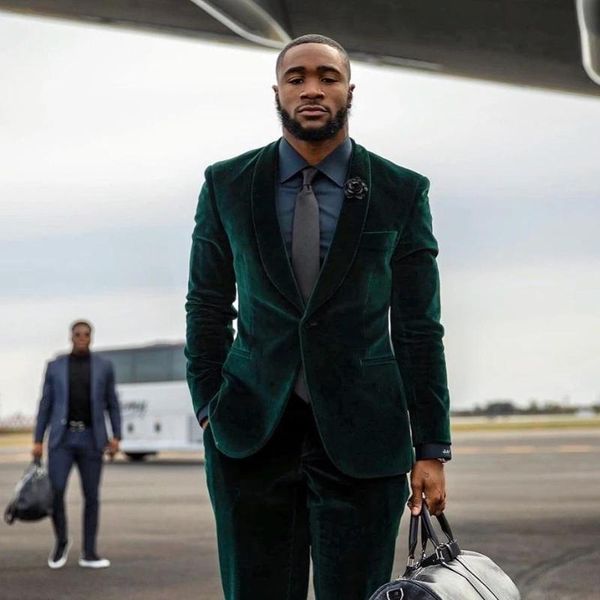 

men's suits & blazers one button dark green two piece men tuxedos shawl lapel for wedding velvet groom wear prom party jackets and pant, White;black