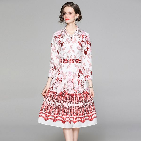 

spring summer vintage turn down collar long sleeve sweet flower printed pleated dress female party midi dress women fashion 210514, Black;gray