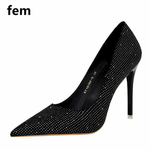 

dress shoes fem female crystal heels string bead shining women pumps high shallow ladies work office fashion elegant, Black