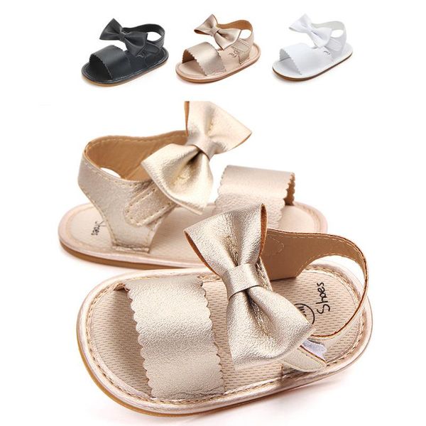

girls baby shoes summer bow knot sandals born infant flat solid non-slip pu leather breathable toddl, Black;red