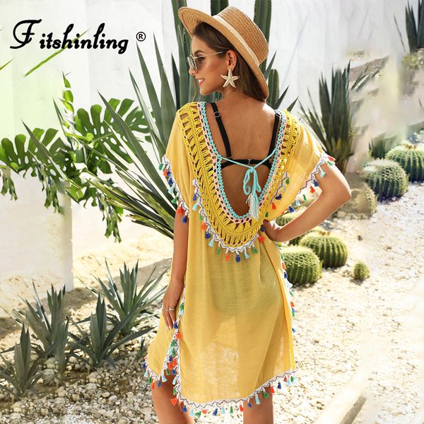

fitshinling handmade crochet beach dress baless transparent yellow pareos swimwear bohemian summer holiday tassel robe