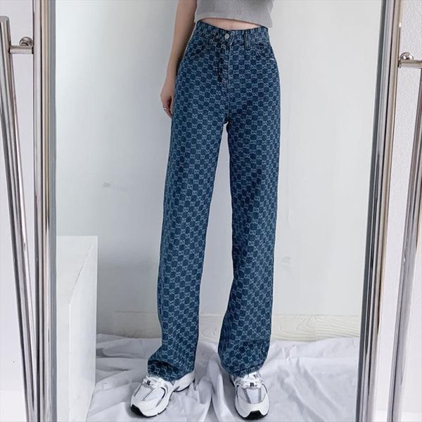 

straight high waist blue women jean retro letter loose wide leg pants street casual hip hop