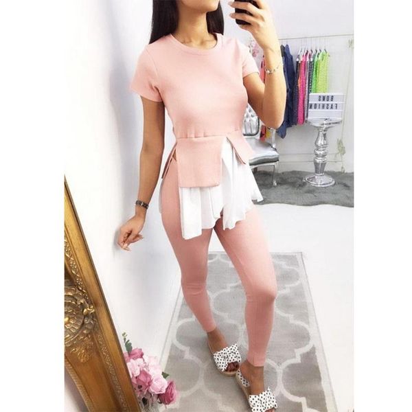 

piece set for female women's suits fashion short sleeve long pants women ruffle patchwork t shirt slim fit pencil two, White