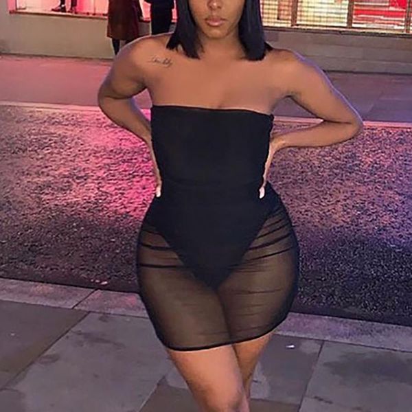 

casual dresses women fashion women's dress mesh perspective fake two-piece tube vestidos, Black;gray