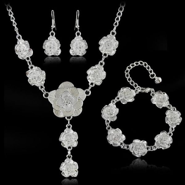 

earrings & necklace nigeria wedding fashion jewelry sets elegant bridal flower bracelet luxury party gift, Silver