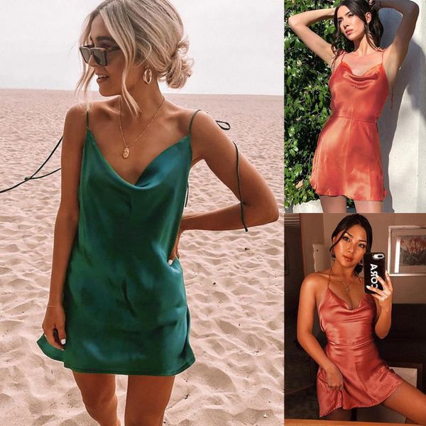 

lady solid party mini beach dresses women's ladies sleeveless suspenders backless v-neck dress vestido sukienka casual, Black;gray