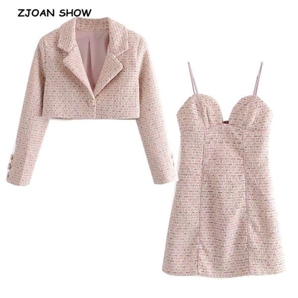 

one button pink weave tweed short women blazer cropped bra collar spaghetti strap mini dress suits 2 pieces set vintage 210429, White