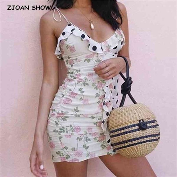 

polka dot stitching floral print splice ruffles summer spaghetti strap dress ruched lacing up mini short party dresses 210429, Black;gray