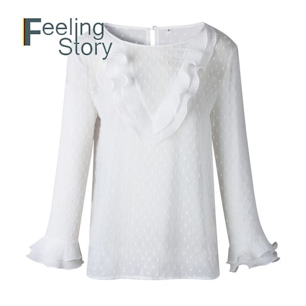 

casual ruffles lace polka dot blouse summer white blouses for women solid chiffon o neck shirt long sleeve ladies blusas 210603