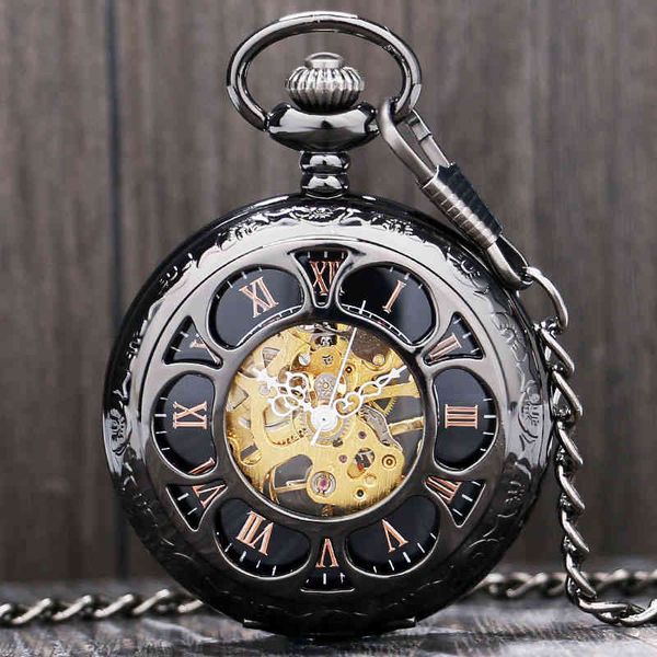 Luxo Steampunk Steampunk relógio de bolso de prata / preto flor oca de aço mão vento homens mulheres pingente fob cadeia de aniversário