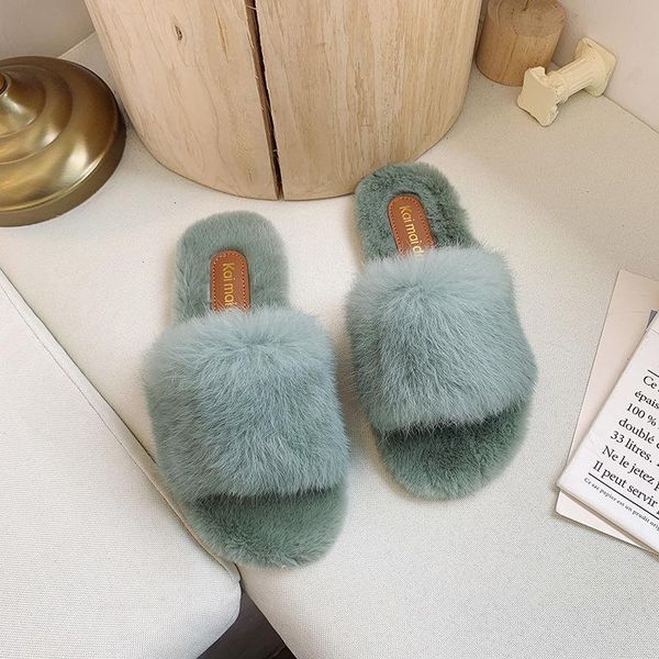 

furry shoes korean net red fur women's female flat word with slippers fashion thick bottom home lazy women, Black